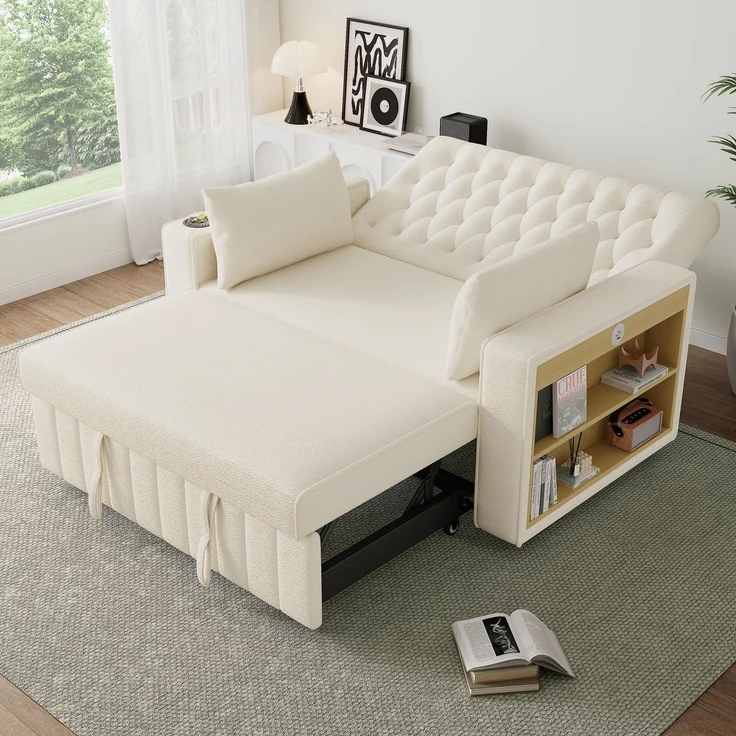 Wohnora-Multifunktionales Schlafsofa, modernes Klappsofa mit Stauraum und Schlaffunktion, Getränkehalter, USB-Ladeanschluss und Kissen, platzsparende Couch für Wohnzimmer, Schlafzimmer und Gästezimmer, Beige,H 84cm x T 140cm x B 137cm – Bild 1