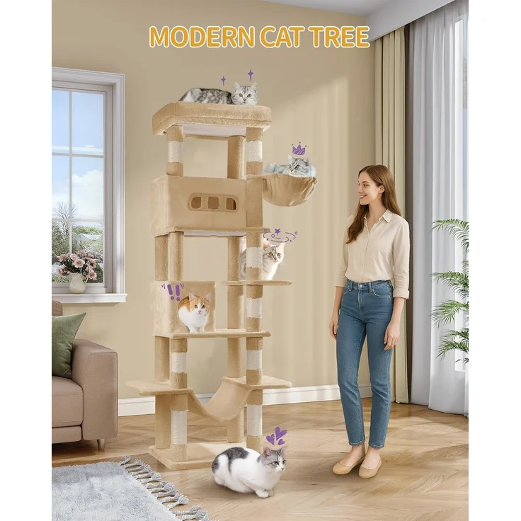 Kratzbaum Groß, 210 cm Hoch, Katzenbaum, mit 8 Kratzbäume, 2 Höhlen, Groß Plattformen, Waschbare Matte, Hängematte, Plüschbälle, Mehrstöckiger Katzenkratzbaum, Kamelbraun – Bild 1