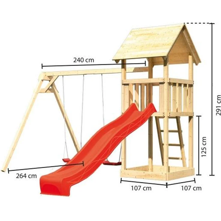 Karibu Kinderspielturm Lotti Satteldach Set naturbelassen mit Doppelschaukel ECO und Rutsche rot – Bild 12