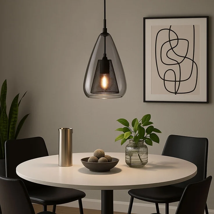 Pendelleuchte, Gitter, schwarz, Glas, E14, H 150 cm – Bild 4