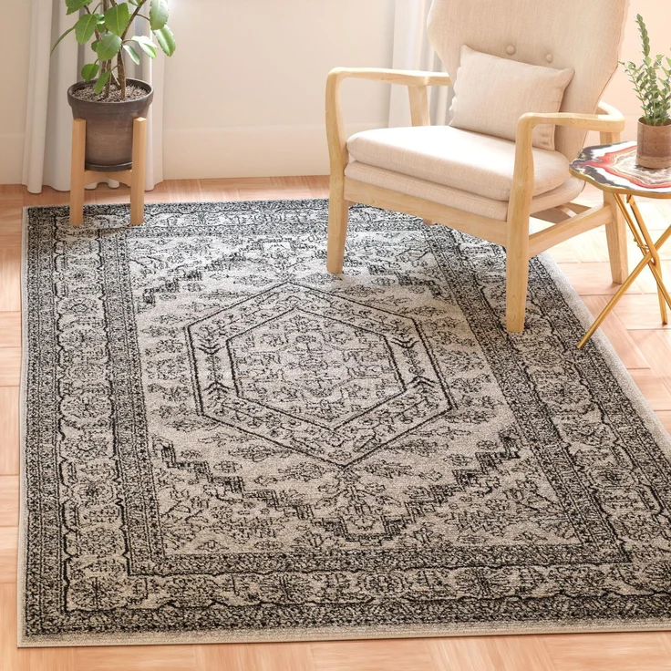 SAFAVIEH Traditionell Teppich für Wohnzimmer, Esszimmer, Schlafzimmer - Adirondack Collection, Kurzer Flor, Silber und Schwarz, 122 X 183 cm