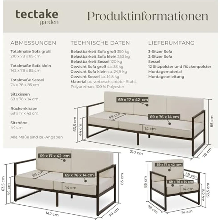 tectake Essgruppe Garten-Loungeset, (Set, 3-tlg), Pulverbeschichtete Stahlgestelle für maximale Stabilität – Bild 4