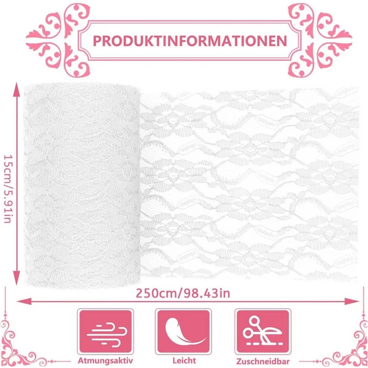 FOUORTUNATE-BEE Tischläufer Tischläufer Spitze Weiß 15cm x 25m Spitzenstoff Deko Tischläufer (für Hochzeit Vintage Rezeption Dekor, Sommer Outdoor Party Boho Hochzeit Tisch Dekor) – Bild 2