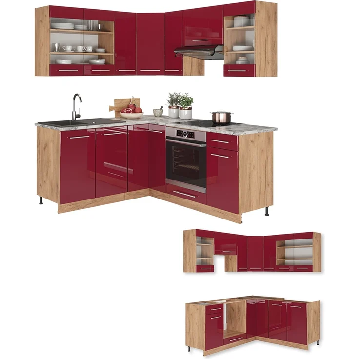 Eckküche Fame-Line Bordeaux Hochglanz/Goldkraft Eiche 190 x 160 cm ohne Arbeitsplatte Vicco – Bild 6