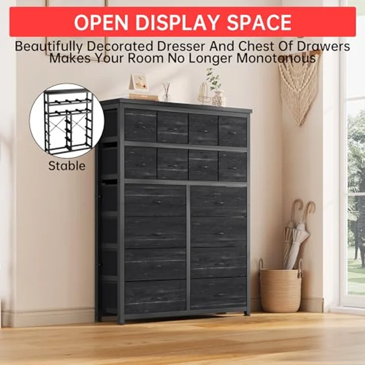 GarveeHome Hohe Kommode Mit 16 Stoffschubladen, Großzügiger Kleiderschrank Mit Metallgestell, Für Schlafzimmer Und Wohnzimmer, 103 x 30 x 130 cm – Bild 6