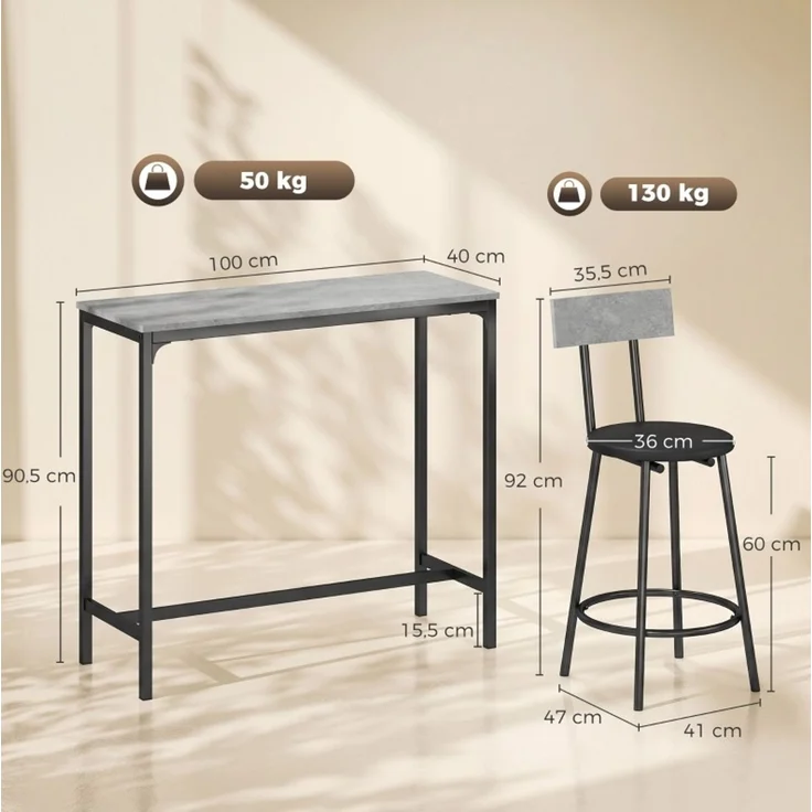 Bartisch-Set, 3-teilig mit 2 gepolsterten Barhockern, 100x40x90,5 cm, Grau – Bild 5