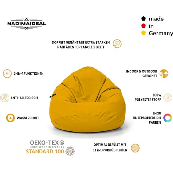 Nadimaideal Sitzsack Tropfenform Kastanie | Bodenkissen für Kinder & Erwachsene | Indoor & Outdoor | Gaming Sitzsack - Sitzkissen - Beanbag | Füllung EPS Perlen (Gelb, XXL-Durchmesser 88 cm) – Bild 4