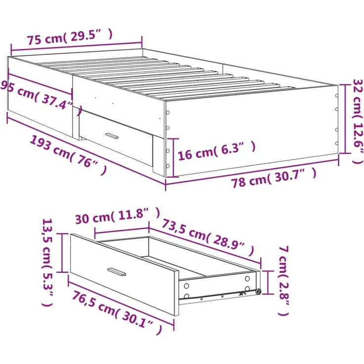 vidaXL Bettgestell mit Schubladen Schwarz 75x190 cm Holzwerkstoff 3280441 – Bild 5