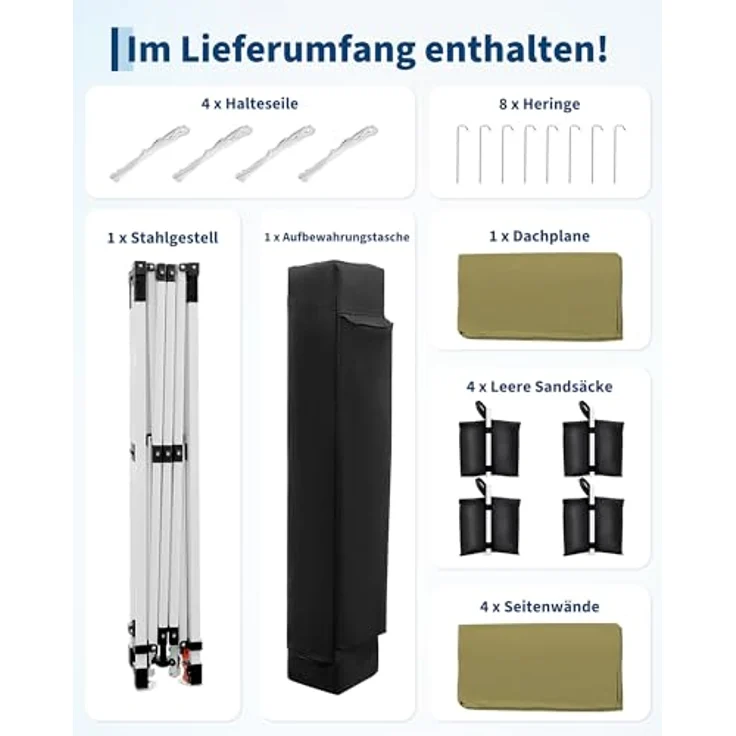 Faltpavillon 3x3 m wasserdicht stabil mit 4 Seitenwänden – Pop up Pavillon faltbar aus 420D Oxford, UV-Schutz 50+, 3-Fach höhenverstellbar, Partyzelt mit Tragetasche für Garten & Outdoor (Khaki) – Bild 7