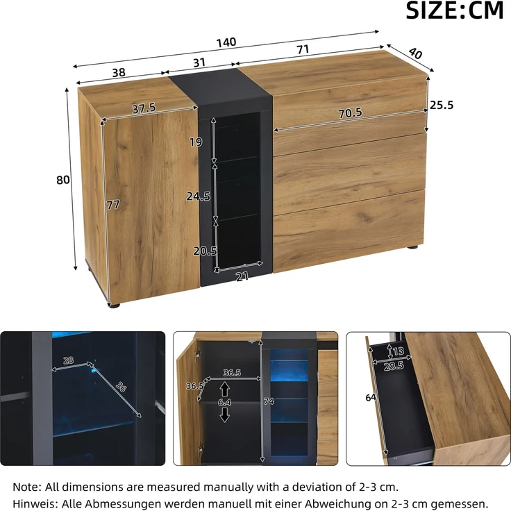 DESVIAE Sideboard mit LED-Beleuchtung und 3 Schubladen, 140x80x40 cm, Spanplatte, Braun/Schwarz – Bild 10
