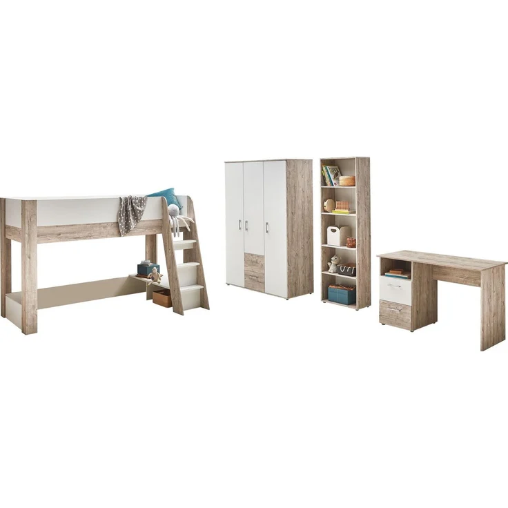 OTTO home Jugendzimmer-Set Set »Riekke«, viel Stauraum, (Spar-Set, 4-tlg, Kleiderschrank 3 türig, Hochbett, Standregal, Schreibtisch), Hochbett, Etagenbett, Ablagefach unter dem Bett, Blauer Engel – Bild 2