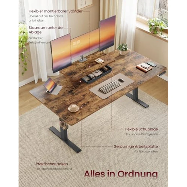 VASAGLE Höhenverstellbarer Schreibtisch, 140x70 cm, flexibel montierbarer Monitorständer, Schublade, USB-C-Anschluss, Erinnerung bei langem Sitzen, für Büro, vintagebraun LSD154KD01 – Bild 6