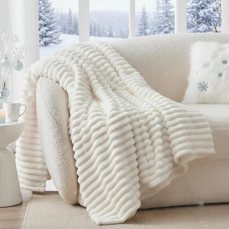 BEDELITE Kuscheldecke Flauschig Decke Klein - weiche Flanell Decken Elfenbein Weiß 125x150 für Sofa, Deko Streifen Cord Fleecedecke Weiss als Sofaüberwurf für Wohnzimmer, Throw Blanket Wide Use