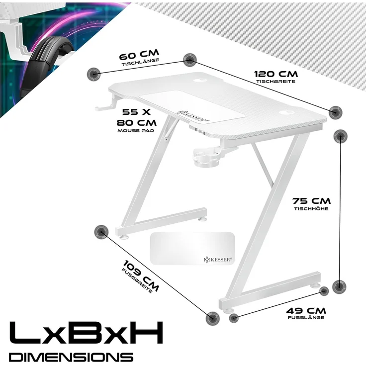 KESSER® Gaming Tisch LED | Z-Form Gamer Schreibtisch | Kopfhörerhaken & Kohlebeschichtung | Ergonomischer PC Computertisch | Stabiler Tisch mit Mauspad & Getränkehalter 120 x 60 cm, Weiß Carbon – Bild 2