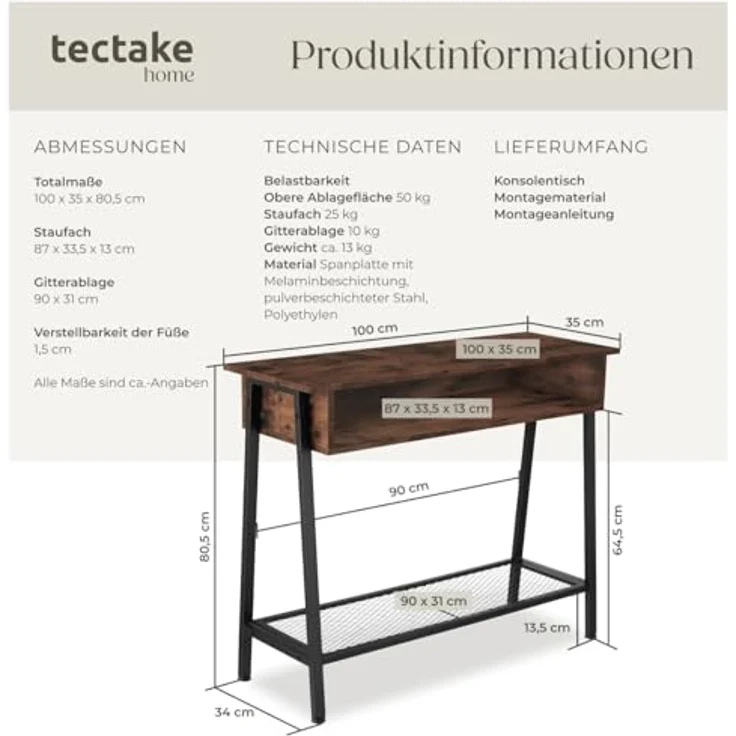 tectake Konsolentisch Beistelltisch Tralee 100x35x80,5cm (1-St, 1 tlg), Schmaler Konsolentisch im puristischen Factory-Chic – Bild 4