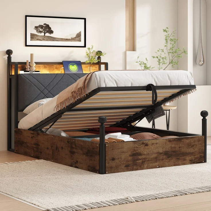 Bett 90x190 cm, Smart-Himmelbett mit hydraulischem Bettkasten, Metalll-Holz-Mix, integrierte LED & USB/Type-C,Schwarz – Bild 3