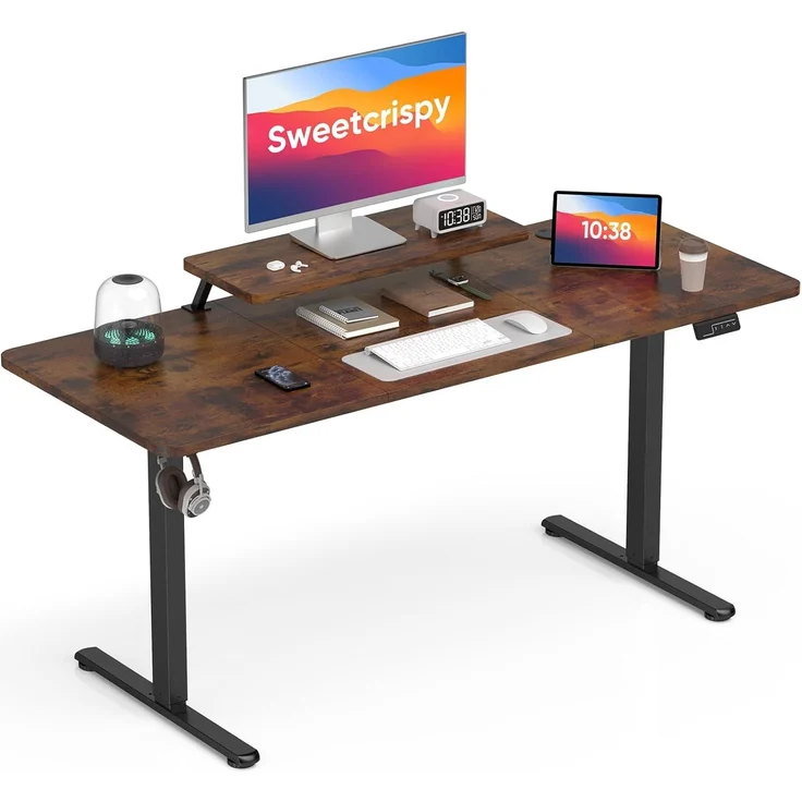 Sweetcrispy Höhenverstellbarer Schreibtisch mit Monitorständer, 160x60 cm Schreibtisch Höhenverstellbar Elektrisch, Ergonomischer Steh-Sitz Tisch, Computertisch Standing Desk, Vintagebraun – Bild 1