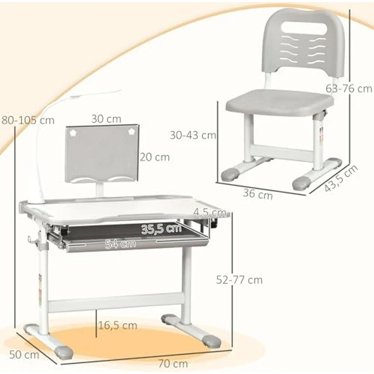 HOMCOM Kinderstuhl und Schreibtisch Set mit LED Lampe, Höhenverstellbar, Studientisch und Stuhl für Kinder, geneigte Tablett, Leseständer, Stiftebox, Schublade und Getränkehalter, Grau – Bild 3