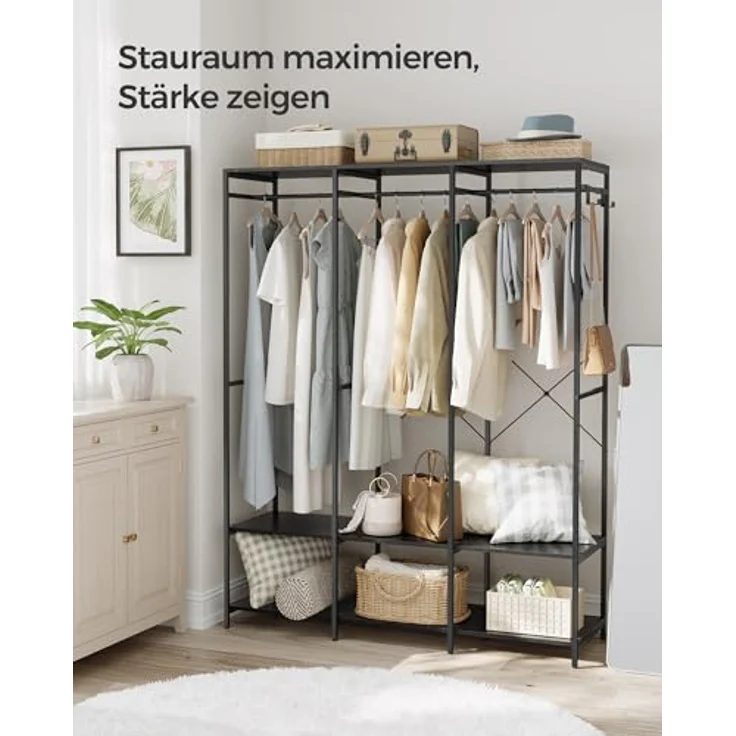 SONGMICS Kleiderschrank offen, Kleiderständer, Garderobenständer, Garderobe mit Kleiderstange, Ablagen, abnehmbare Haken, 40 x 141 x 180 cm, ebenholzschwarz RGR005B56 – Bild 4