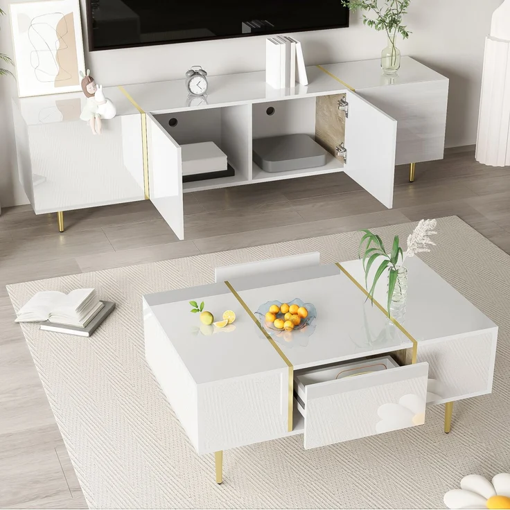 DESVIAE TV-Schrank und Couchtisch im Set, MDF, Weiß Hochglanz, 170x46x35 cm / 100x41,5x60 cm, mit Stauraum – Bild 4