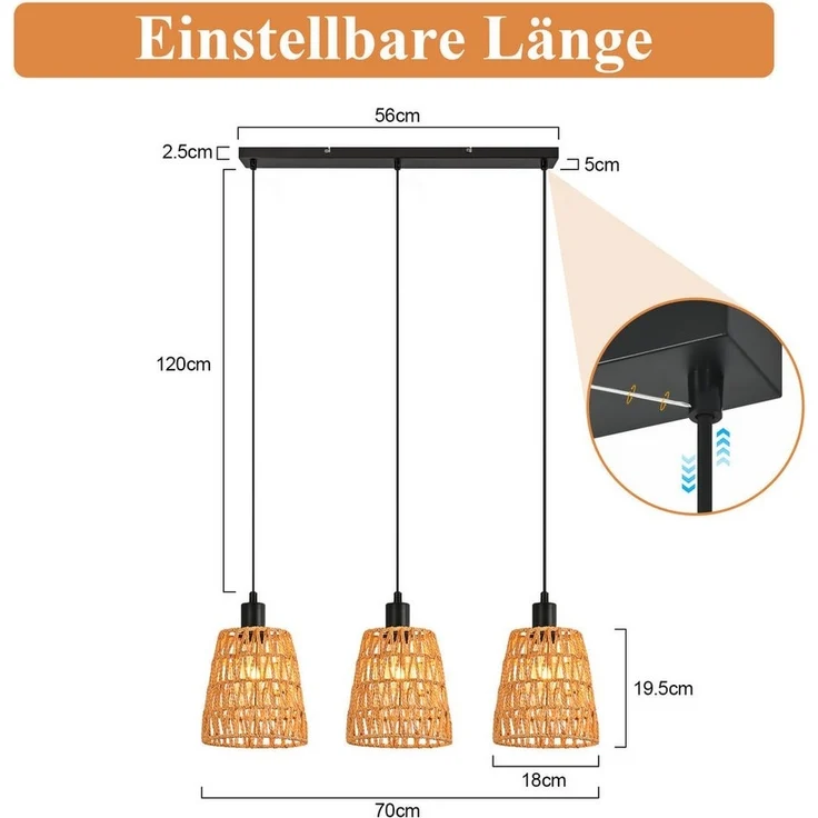 Nettlife Pendelleuchte Retro Boho Hängelampe Rattan höhenverstellbar 1/3 flammige E27, Höhenverstellbar, ohne Leuchtmittel, ob Schlafzimmer Flur Esszimmer Dachboden Küche – Bild 2