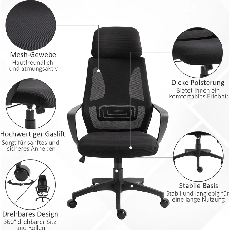 Vinsetto Bürostuhl, Polyester, Schaumstoff, Schwarz, 64L x 55B x 116-126H cm – Bild 7