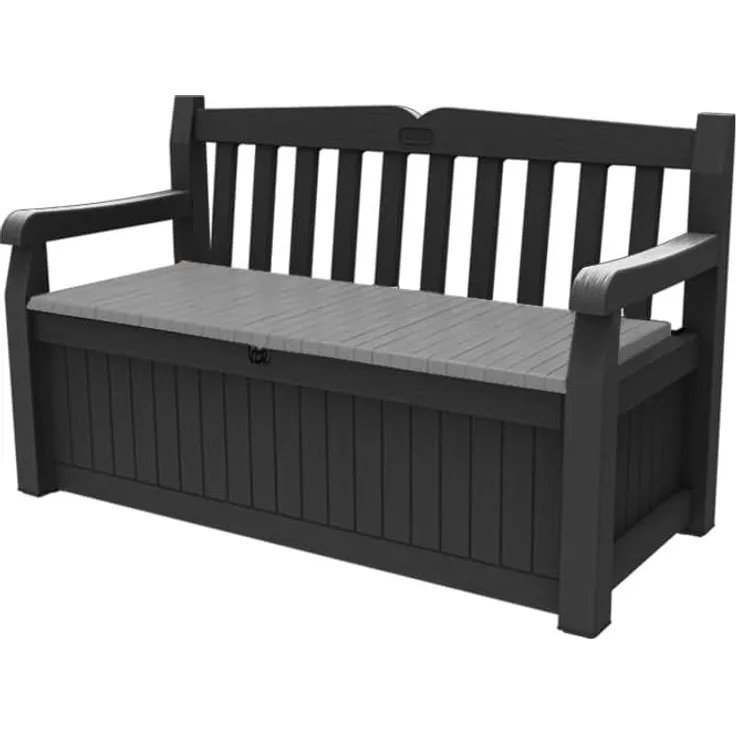 Keter Sitzbank Eden für Balkon und Garten, Gartenbank mit integrierter Kissenbox mit 265 l Stauraum, 140 x 60 x 84 cm, wetterfest, pflegeleicht, grau, Outdoor, Holzoptik