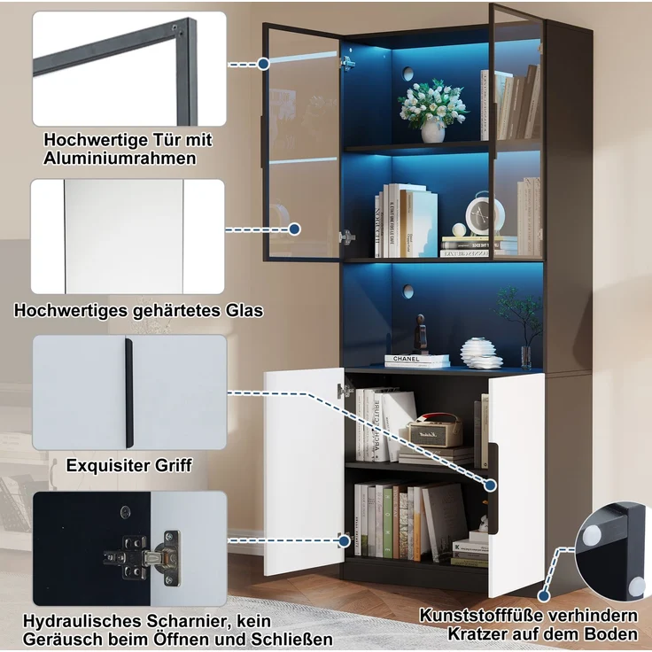 DESVIAE Vitrine mit LED-Beleuchtung und Glastüren, 80x200x30 cm, Spanplatte, Weiß/Schwarz – Bild 4