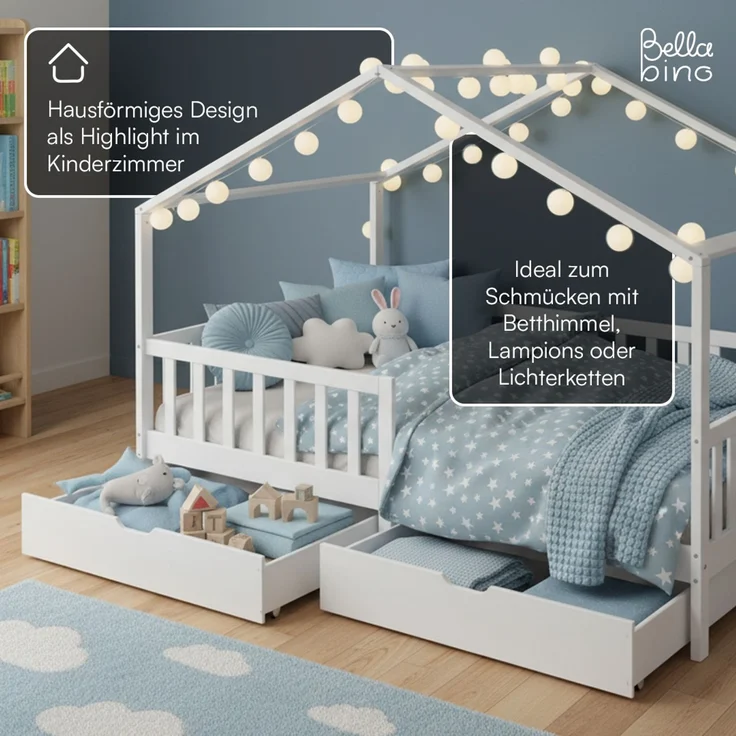 Bellabino 'Bia' Hausbett 140x200 cm mit 2 Schubladen, weiß, Kiefer Massivholz, Montessori Kinderbett mit Stauraum, inkl. Rausfallschutz und Lattenrost – Bild 7