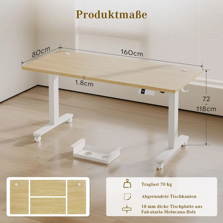 Devoko Elektrisch Höhenverstellbarer Schreibtisch Holzwerkstoff und Metall Beige 160 x 80 x 72-118 cm – Bild 8
