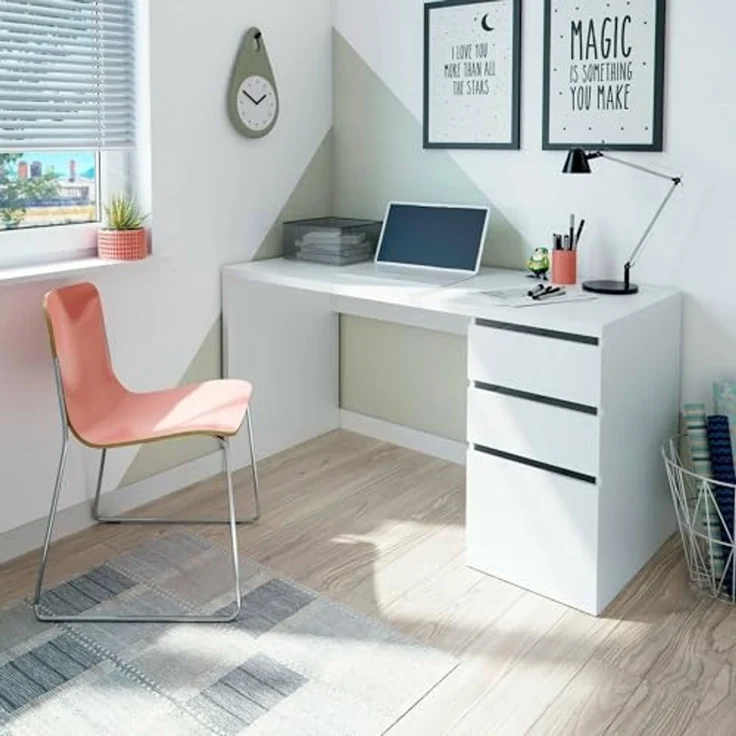 Dmora - Schreibtisch Reedsport, Wendeschreibtisch mit 3 Schubladen, platzsparender Bürotisch mit Mehreren Positionen, 138 x 60 x 74 cm, Weiß – Bild 1