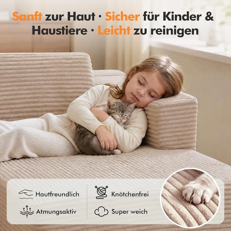 COMHOMA Ecksofa mit Schlaffunktion, 228cm Corduroy Modulares Boneless Couch mit Chaiselongue & Rücken-Metallgestell, L-Form Schlafsofa mit offenem Design, Kissen & Seitentaschen,für Wohnzimmer, Beige-L – Bild 10