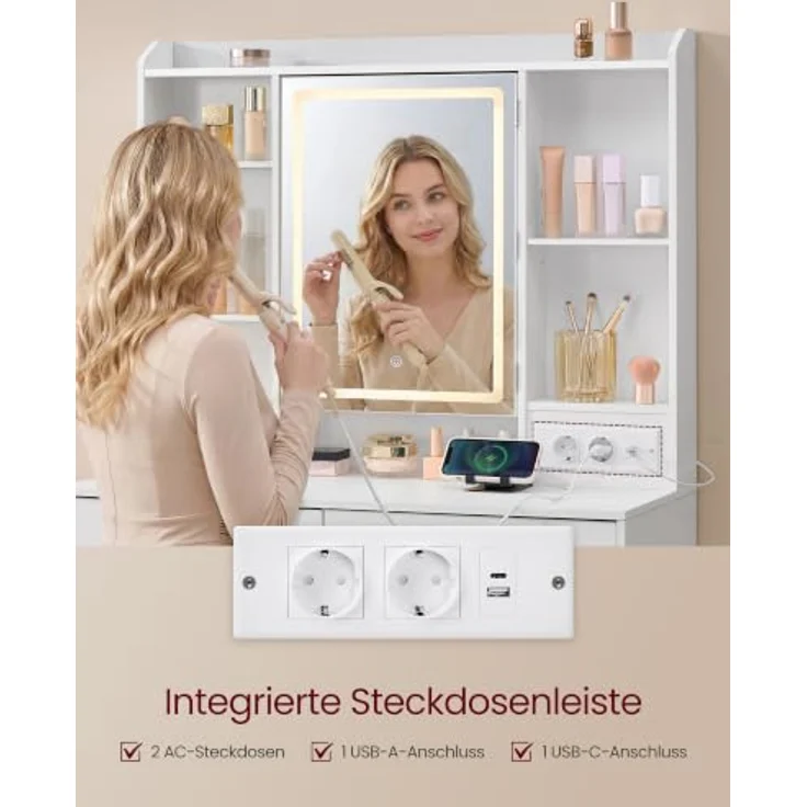 VASAGLE Schminktisch mit Beleuchtung und Hocker Set | Kosmetiktisch mit Spiegel und 2 Schubladen, Steckdosen, Gepolsterter Hocker, für Schlafzimmer, Weiß RDT143WB01-01 – Bild 6
