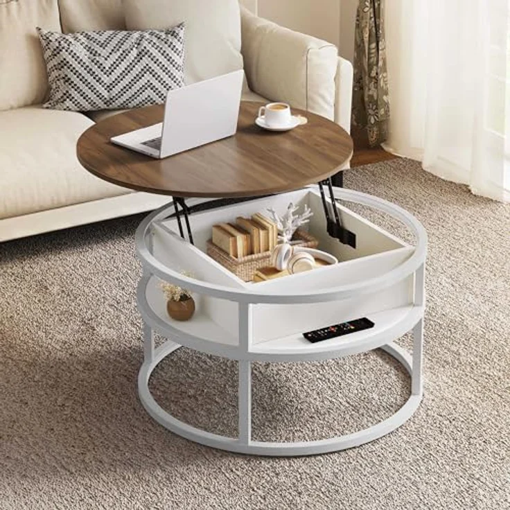 YITAHOME Couchtisch Rund mit Hebeplatte, Wohnzimmertisch mit verstecktem Ablagefach, Beistelltisch Rund mit Stauraum für Home Office, Runder Mitteltische Wohnzimmer, Weiße Eiche – Bild 2