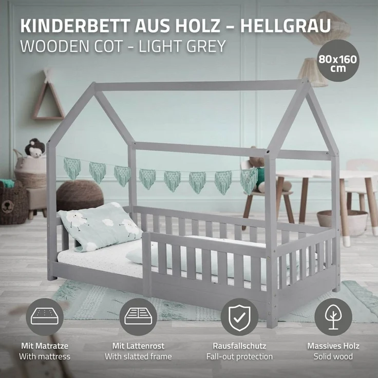 ML-DESIGN Spielbett Hausbett Kinderbett inkl. Lattenrost kreativ Bodenbett für Kinder, Abenteuerbett mit Rausfallschutz Kiefer Hellgrau Himmelbett Bettenhaus – Bild 2