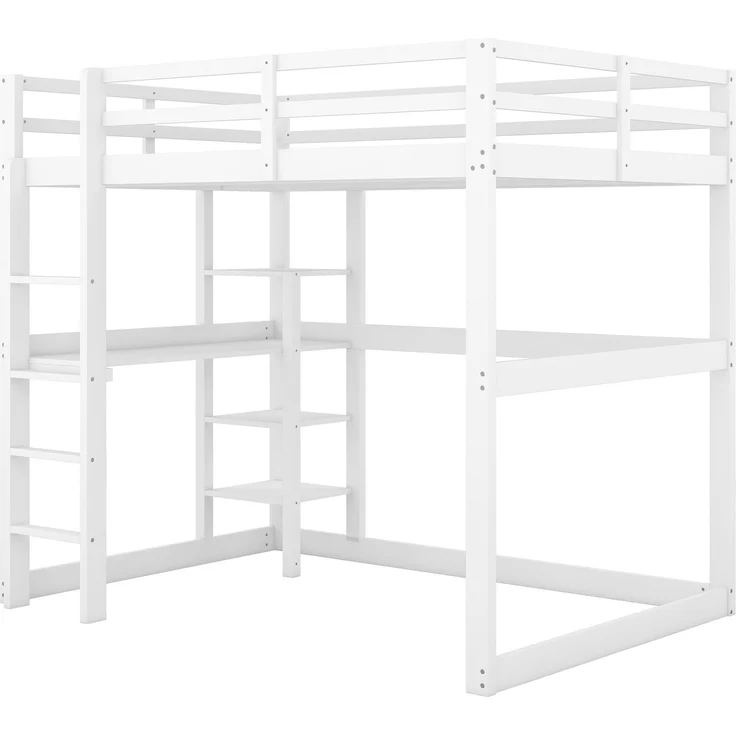 Hochbett 140x200 cm mit Schreibtisch und 4 Ablagefächern, Kinderbett Doppelbett aus massivem Kiefernholz,mit Stauraum,Weiß – Bild 6