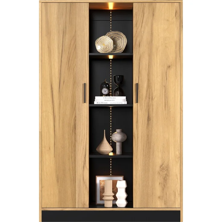 Hochschrank mit LED-Beleuchtung & Soft-Close-Türen, 95x35x160 cm, Schwarz/Eiche – Bild 4