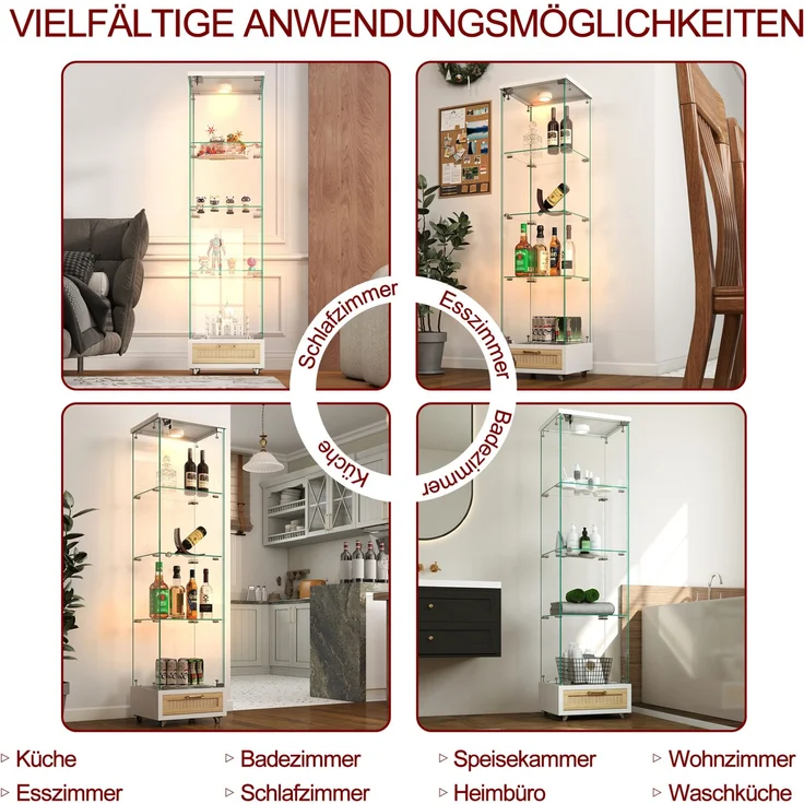 Glasvitrine 42,5x36,5x167 cm in Weiß mit Schubladen und LED-Beleuchtung – Bild 8