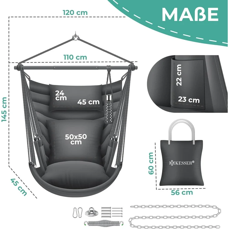 KESSER® Hängesessel Haiti 150kg Traglast, Hängestuhl 360° Drehung, Hängeschaukel Indoor-Outdoor UV-beständig & Wasserfest, Pflegeleicht, Inkl. 2 Kissen, Tragetasche, Flaschenhalter & Montage-Set Anthrazit / Anthrazit – Bild 7