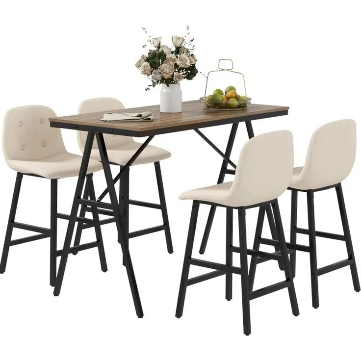 Bartisch-Set mit 4 gepolsterten Hockern und Fußstütze, 120x60x91 cm, Beige – Bild 3