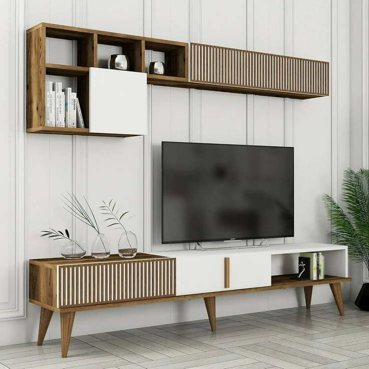 Dmora - Wohnzimmermöbel Gemini, Modulares Wohnzimmerset, Mehrzweck-Wohnzimmermöbel, Moderner TV-Schrank, 180x35h40 cm, Walnuss und Weiß – Bild 5