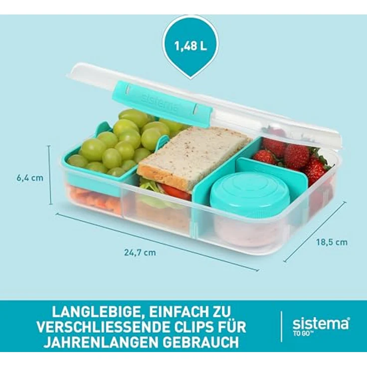 Sistema Bento Box Create Brotdose mit Fächern | 1,48 L Lunchbox mit Joghurt- /Fruchtbehälter | Lunchbox Kinder & Erwachsene | Blaugrün | 2 Stück – Bild 5