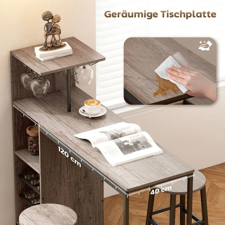 3-tlg, Bartisch-Set mit Stauraum, Weinregalen, Glashaltern, Hockern mit Fußstütze, für kleine Räume, Grau--Grau--121.5x40x122cm--YOUDENOVA – Bild 3