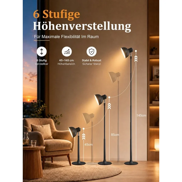 Lapamax Stehlampe Höhenverstellbare LED Tischleuchte 45–145 cm, 3 Lichtfarben, USB, dimmbar, LED, warmweiß, neutralweiß, kaltweiß, 150° schwenkbar Leselampe mit USB-Anschluss und Metallfuß – Bild 2