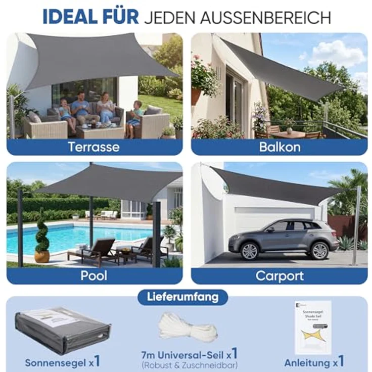 Sunula Sonnensegel Wasserdicht 2x3 m Rechteckig – Keine Mittelnaht, hochdichtes PES 160g/m², reißfest & wetterfest, mit Lotus-Effekt & bis zu 95% UV-Schutz, für Balkon Terrasse Garten, Anthrazit – Bild 7