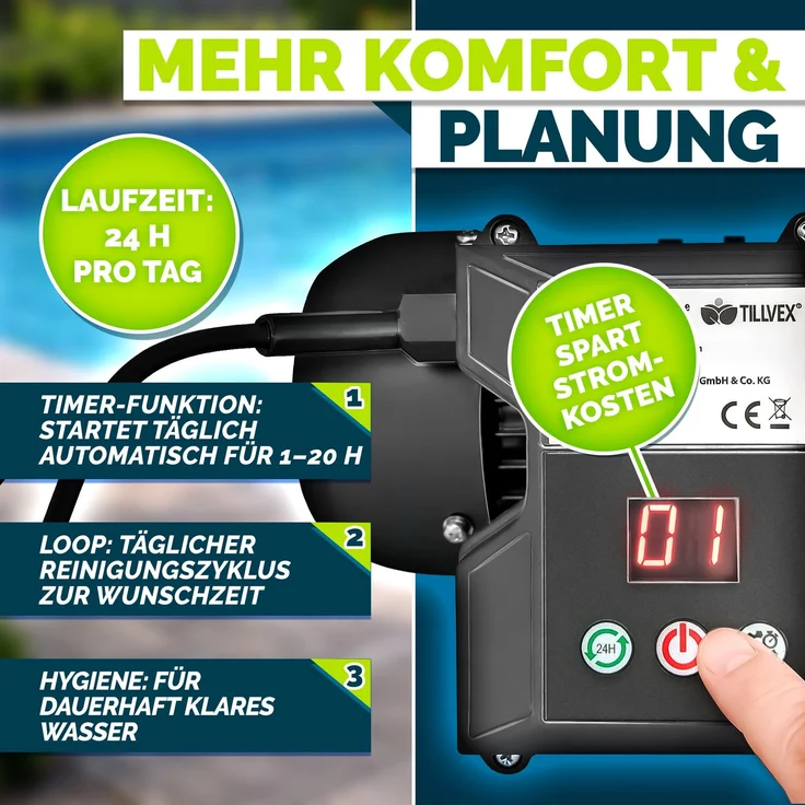 tillvex® Sandfilteranlage Pool mit Timer Grau 13.200L/h bis 40.000L + 1200g Filterbälle | Filteranlage 7-Wege Ventil & 2in1 Adapter Ø32-38mm | Poolfilter Selbstansaugend | Sandfilter Schwimmbecken – Bild 6