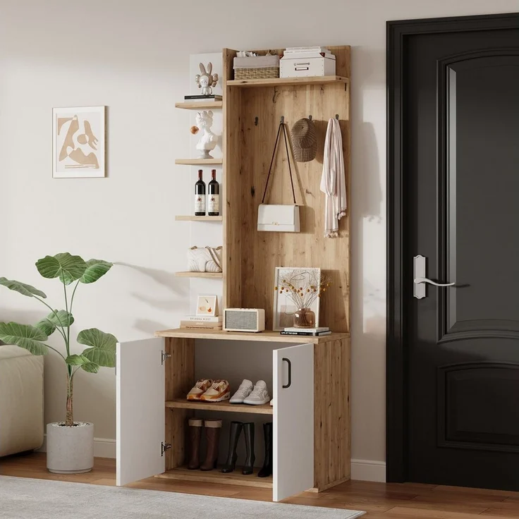 Merax Garderoben-Set Garderobenständer in Holz-Weiß, (für kleine Eingänge & Foyers, 1-St, 75 x 33 x 180 cm), Flurschrank mit 6 offenen Ablagen & geschlossenem Doppeltür-Schrank – Bild 3