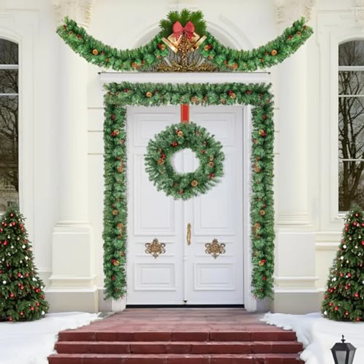 Tannengirlande Aussen Innen, Uten Künstlicher Weihnachtsgirlande 180cm Tannenzapfen und rote Beeren Weihnachtsdeko für Haustür, Treppe, Kamin – Bild 7