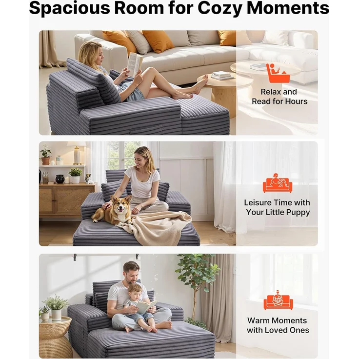 VEVOR Chaiselongue Relaxliege 138 cm, gepolstertes Schlafsofa mit Dekokissen & Armlehnen, Schlafcouch mit tiefer Sitzfläche für Wohnzimmer Schlafzimmer, Loungesessel aus hochelastischem Schwamm – Bild 8