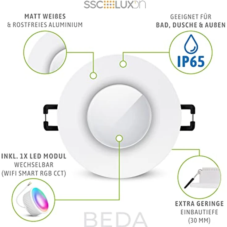 SSC-LUXon 3x BEDA Bad Einbaustrahler, IP65 dimmbar Smart mit WiFi RGB & Weißtönen, kompatibel mit Alexa, Siri & Google – Bild 4